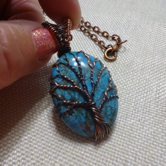 Rustic TURQUOISE Handmade COPPER WIRE-WRAPPED TREE Pendant/Chain #354C - Picture 2 of 3